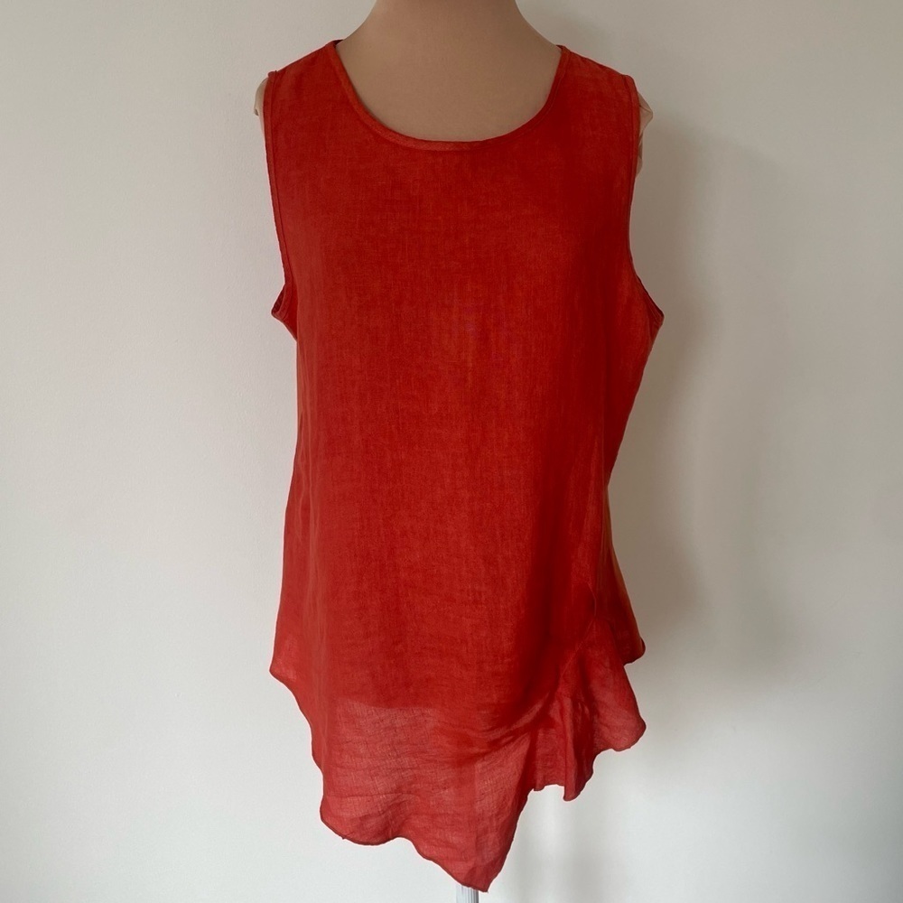 Inizio Chili Orange Linen Mixed Media Lagenlook Pleat Tank Top INJ81181 EUC Sz M